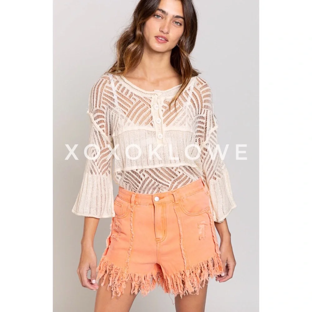 POL Open Weave Loose Knit Half Button Top